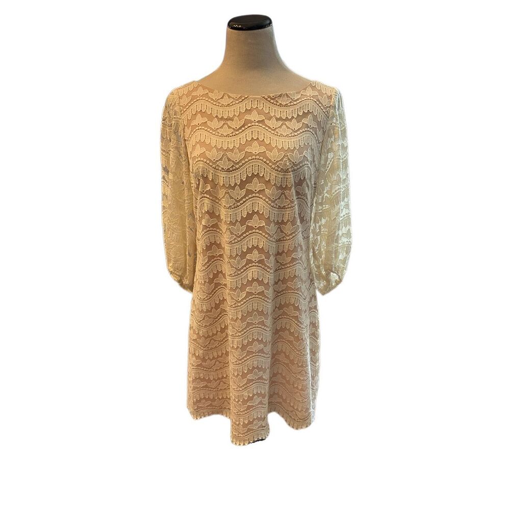Eliza J. Lace Overlay Nude Illusion Shift Dress Sz 12